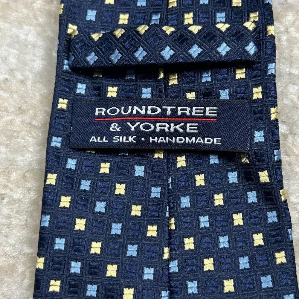 Roundtree & Yorke Tie Mens One Size Navy Geometric Silk Handmade Small Square